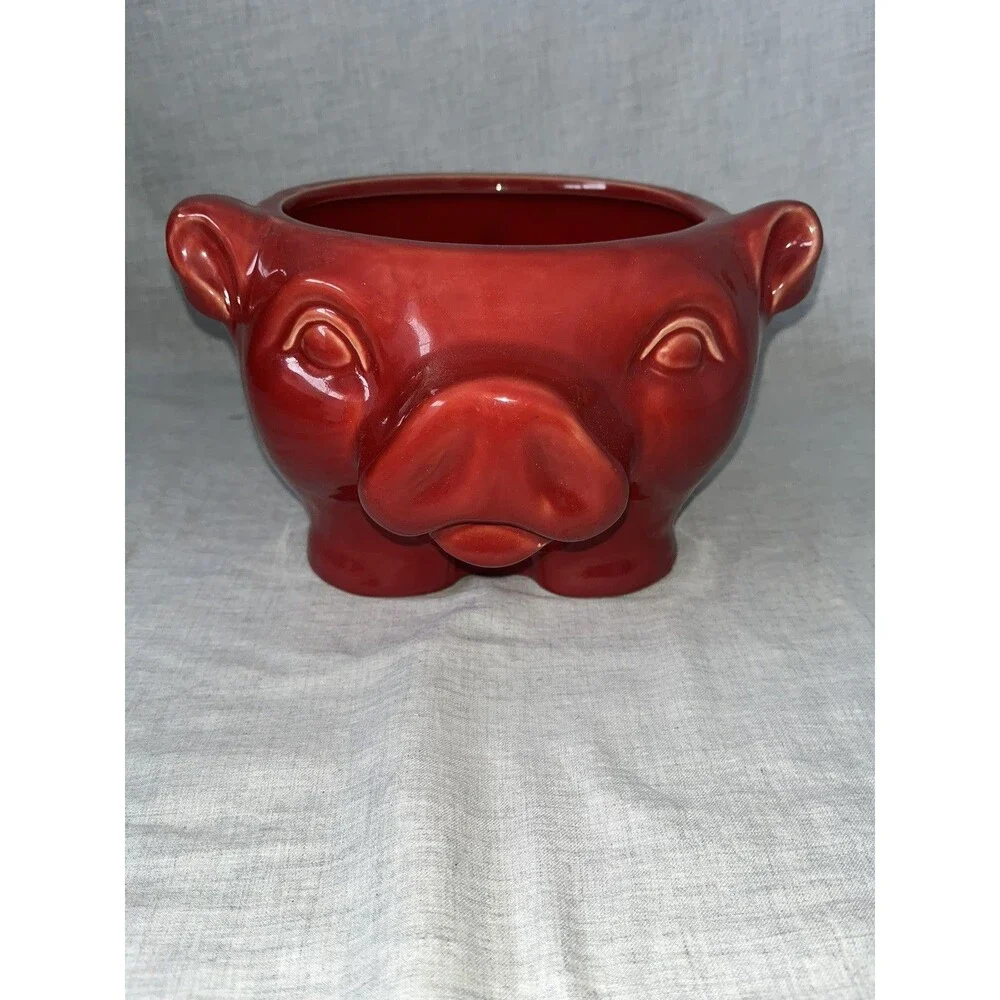 Vintage Red Pig Bowl Planter vase coin  trinket dish Art Pottery
